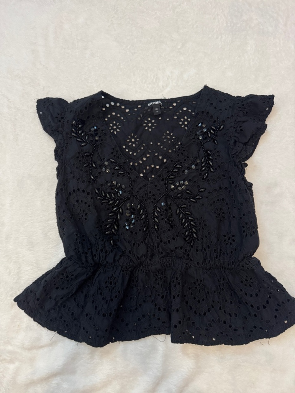 Express Black Eyelet Lace Peplum Top Medium Beaded V Neck Blouse